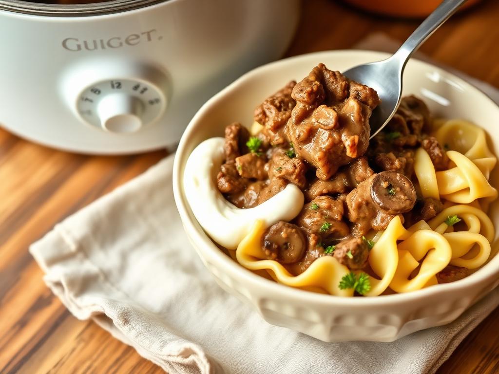 Beef Stroganoff served from a slow cooker