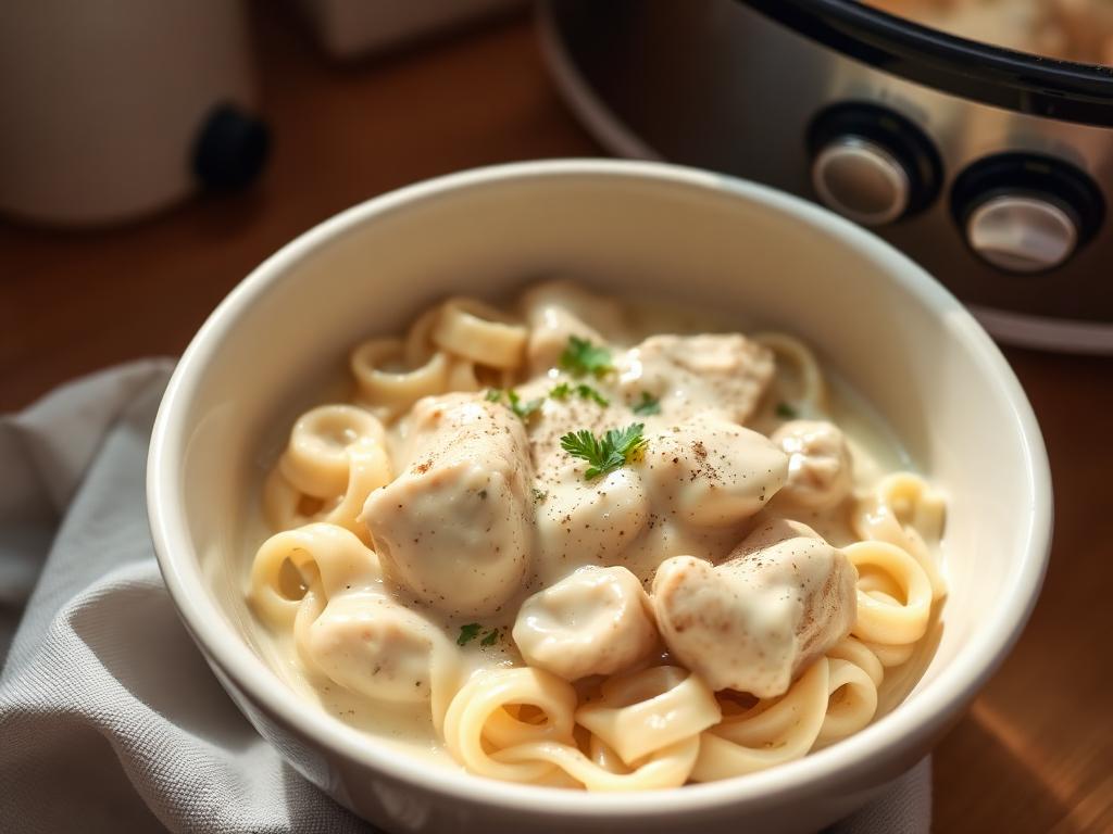 Chicken Alfredo served from a slow cooker