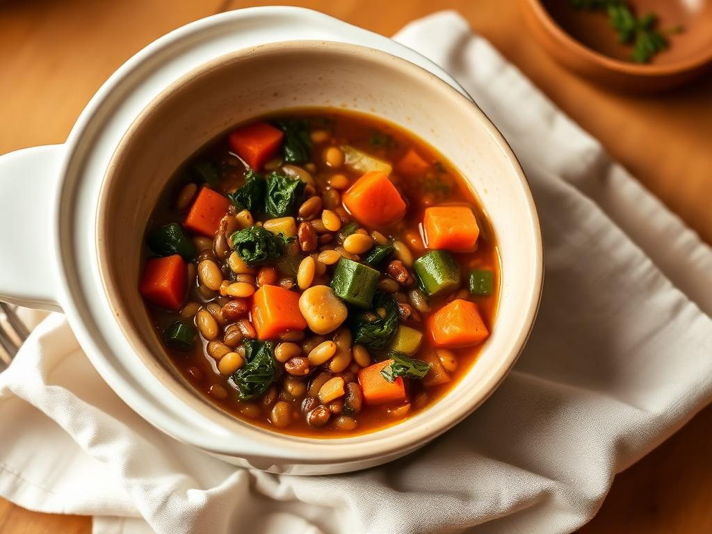 Garden Lentil Stew served from a slow cooker