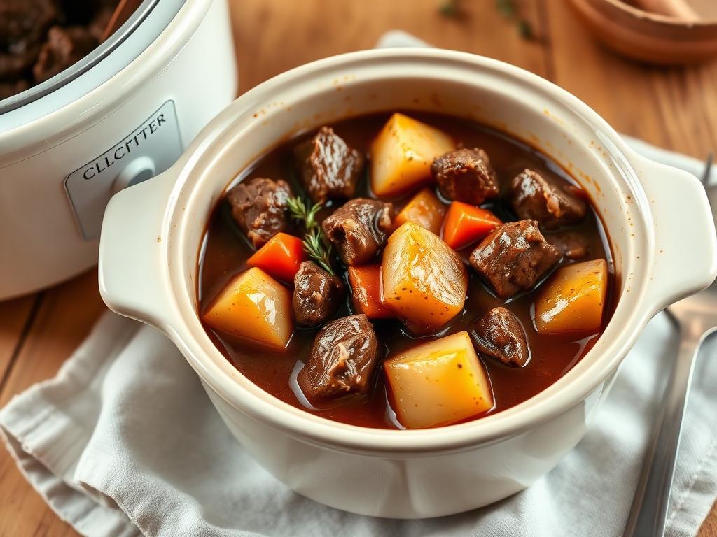 Hearty Beef Stew served from a slow cooker