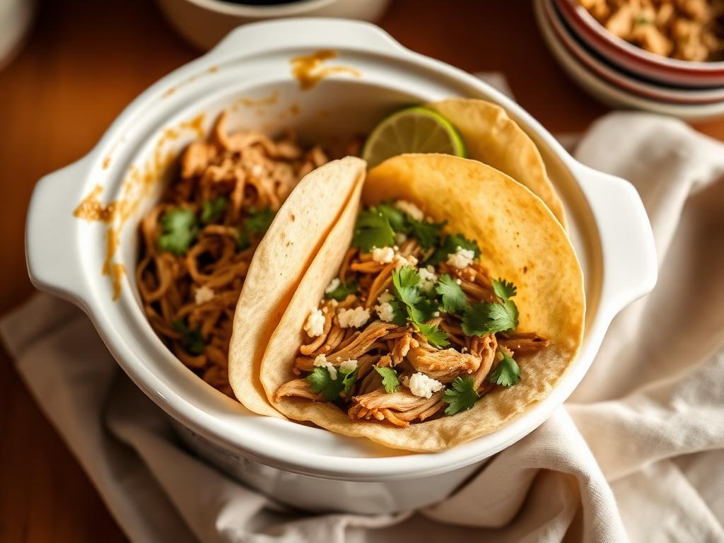 Salsa Verde Chicken Tacos served from a slow cooker