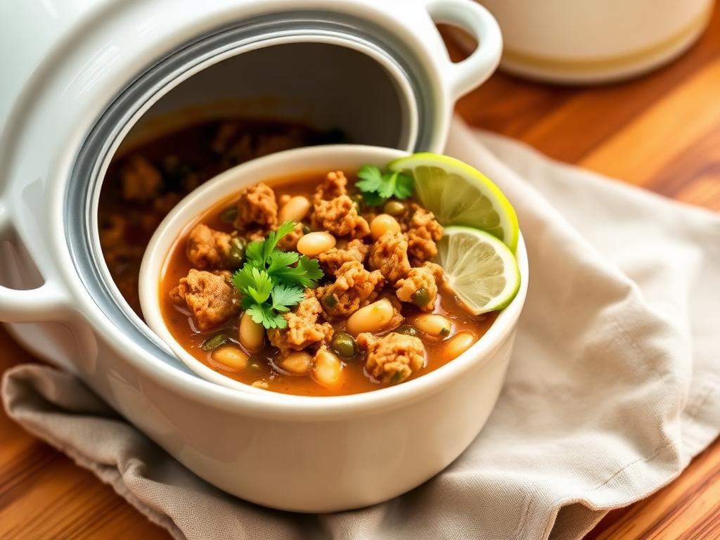 Turkey Chili Verde served from a slow cooker