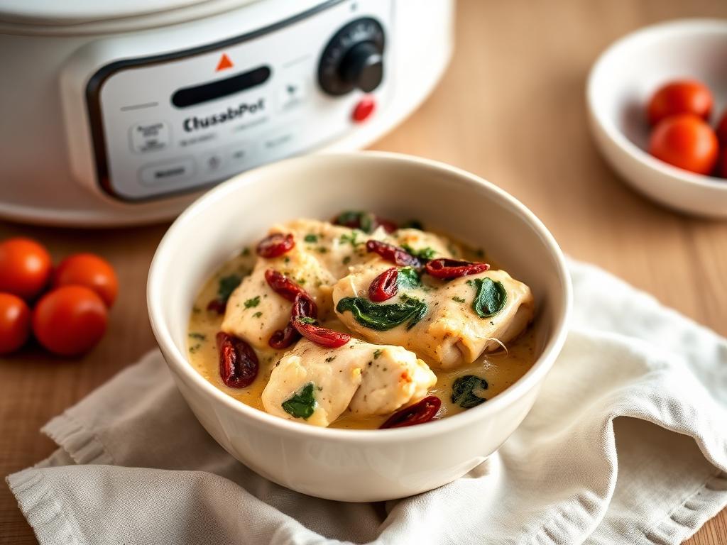 Tuscan Chicken served from a slow cooker